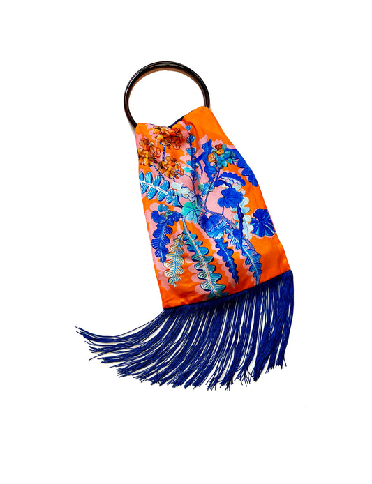 Geranium Orange & Cobalt Silk Luxury Fringe Handbag