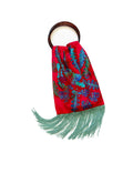 Elaborate Geranium Plum and Mint silk luxury handbag with fringe detail by Eleni Malami.