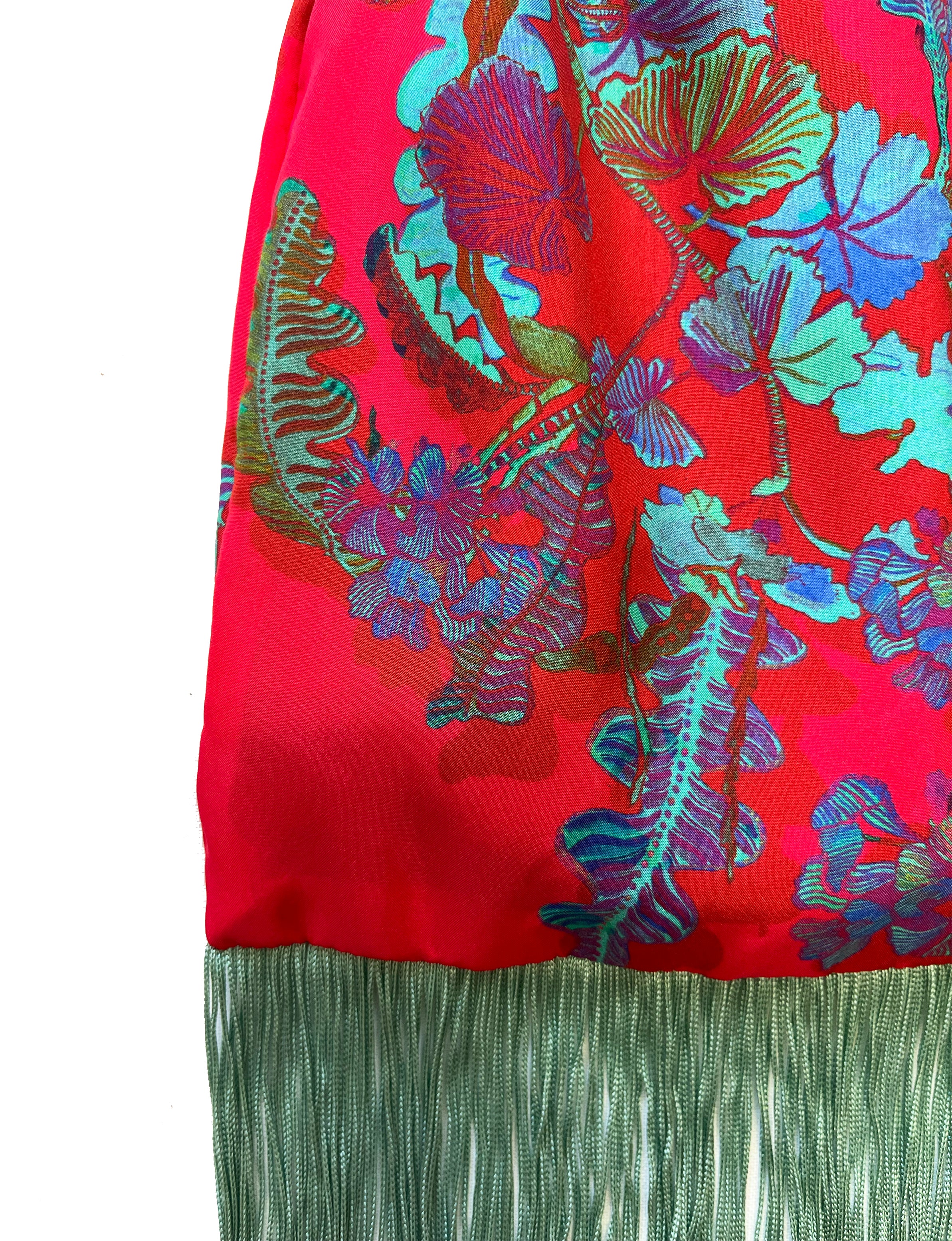Eleni Malami Geranium Plum and Mint silk luxury fringe handbag with intricate detailing and elegant design.