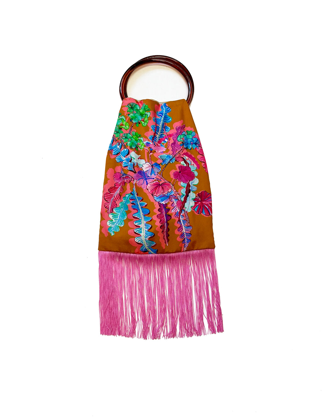 Eleni Malami luxury silk handbag with fringe, featuring geranium toffee and magenta colors, stylish and elegant accessory.