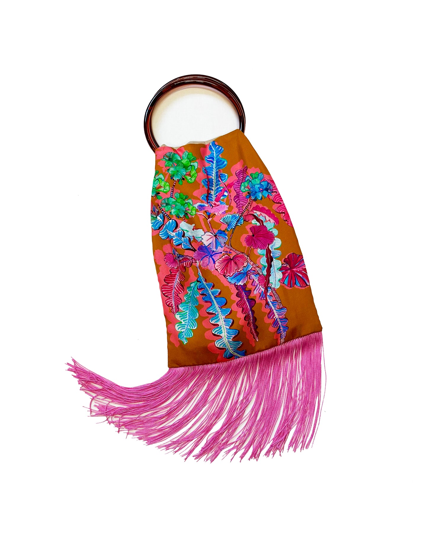 Geranium Toffee & Magenta Silk Luxury Fringe Handbag