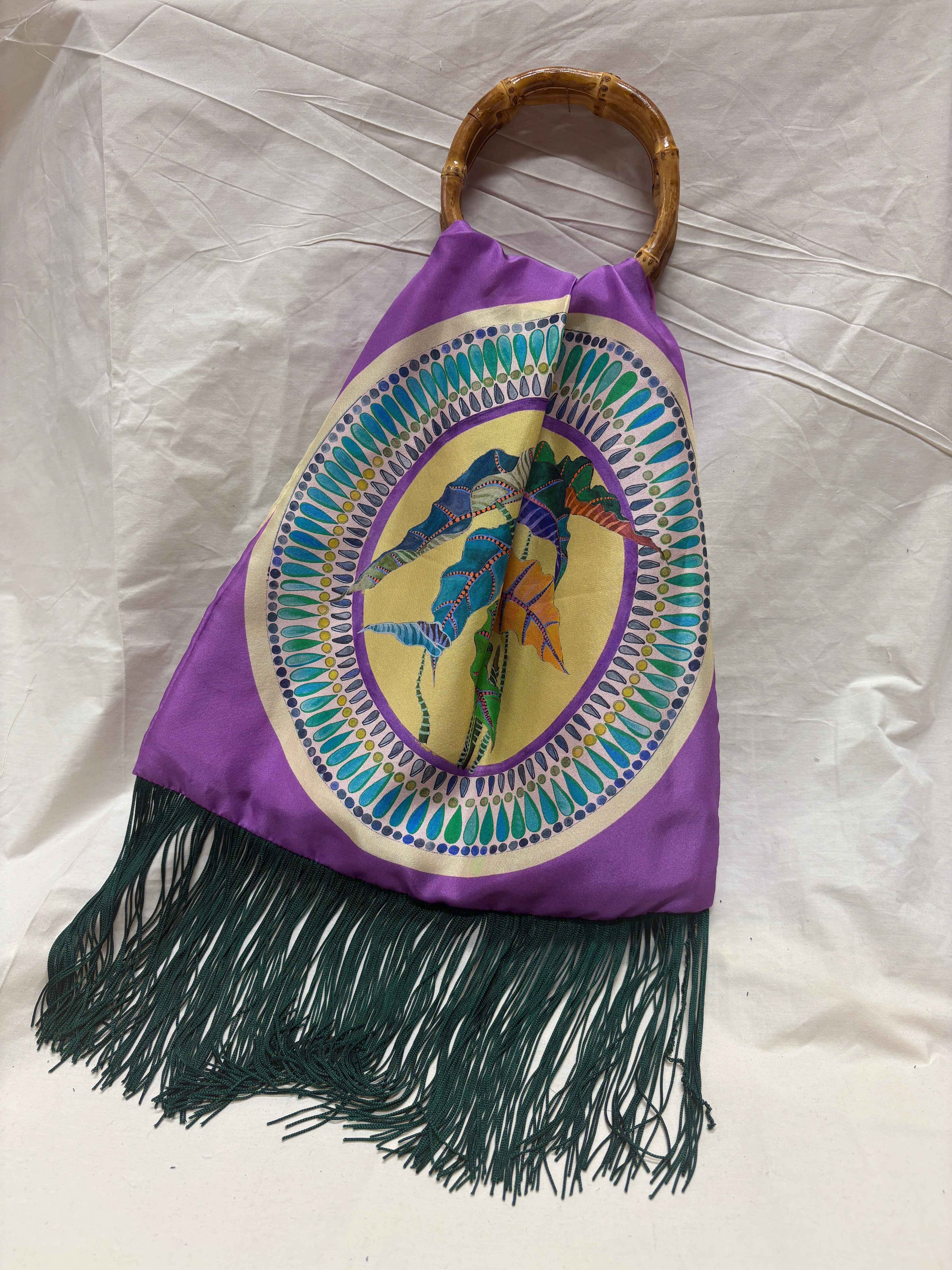 Margarita Purple Large Silk Luxury Handbag with Bamboo Handle - Eleni Malami