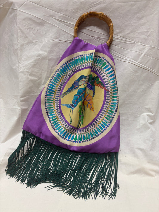 Margarita Purple Large Silk Luxury Handbag with Bamboo Handle