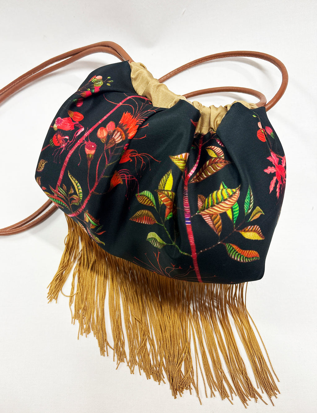 Eleni Malami Ioli Pale Black Cross Body Bag made of silk, featuring a sleek design and adjustable strap.