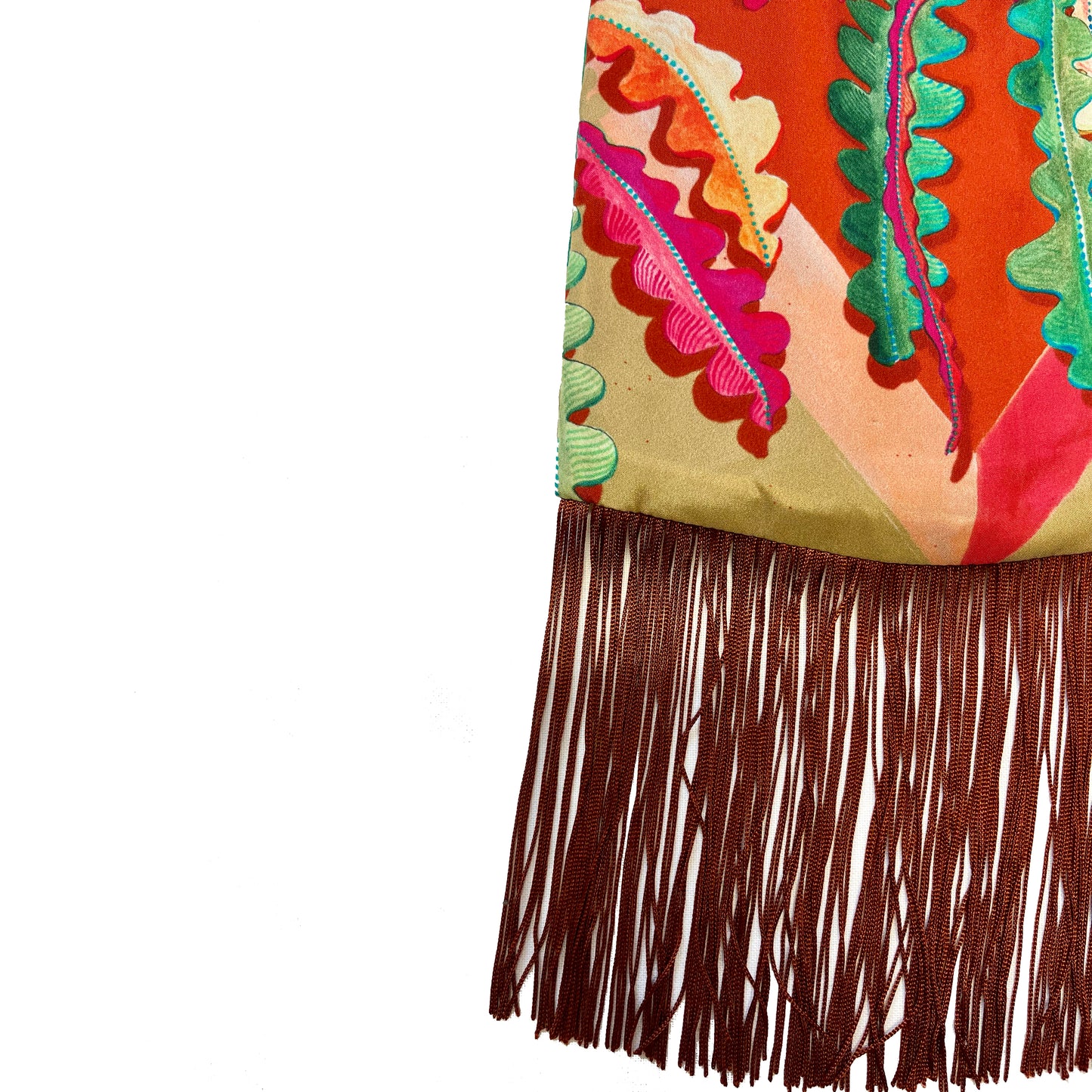 Eleni Malami Fern beige and burnt orange silk luxury fringe handbag with intricate detailing and elegant design.
