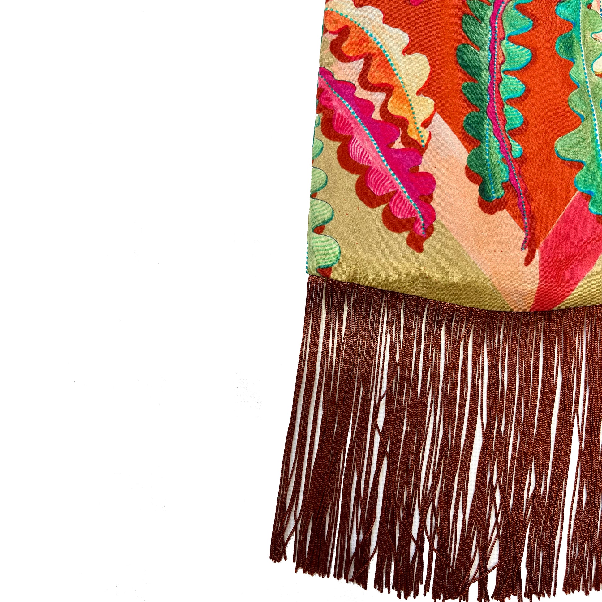 Eleni Malami Fern beige and burnt orange silk luxury fringe handbag with intricate detailing and elegant design.