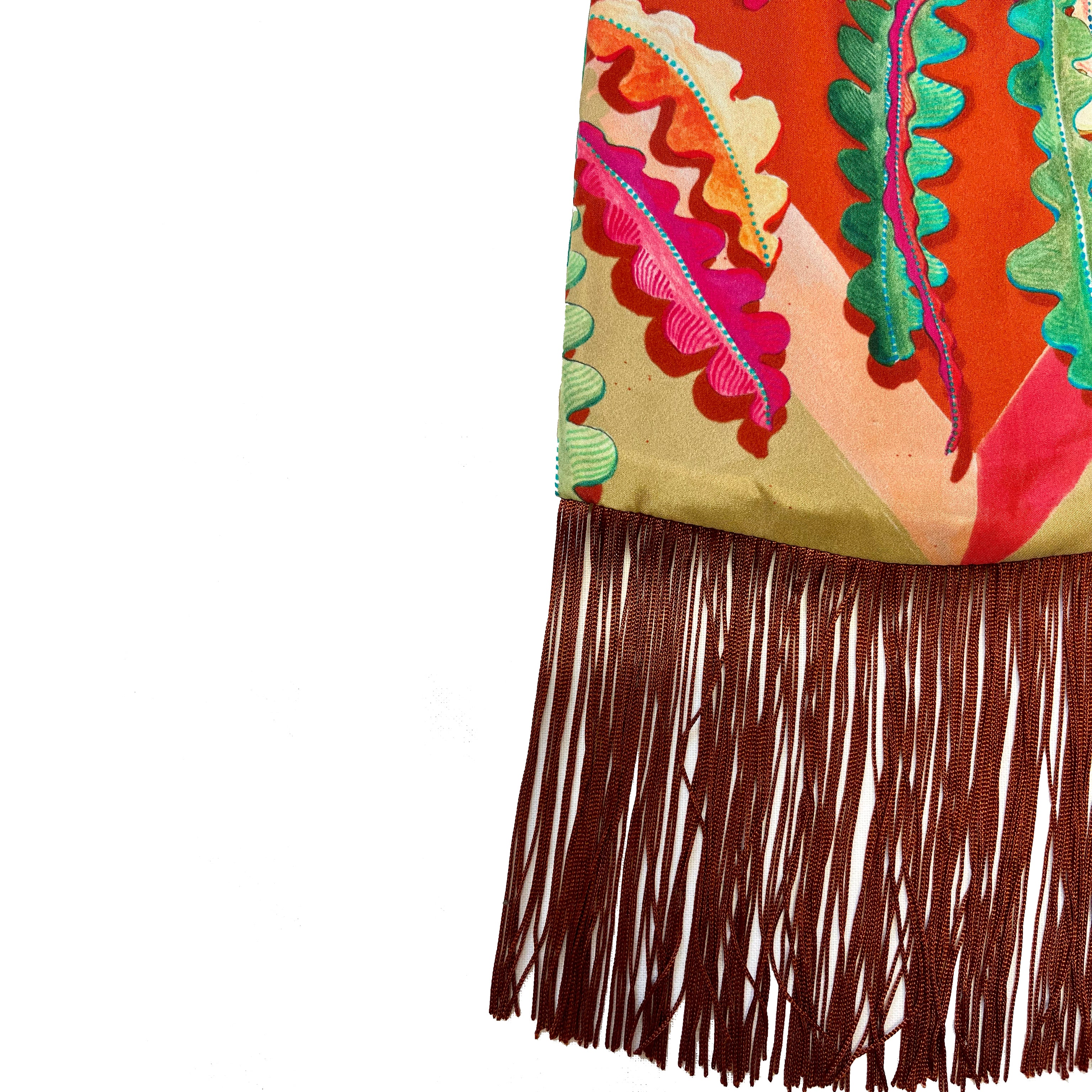 Eleni Malami Fern beige and burnt orange silk luxury fringe handbag with intricate detailing and elegant design.