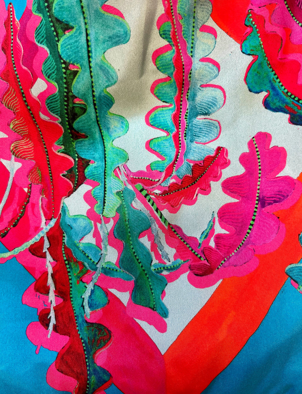 Eleni Malami Fern Cerulean and Scarlet silk luxury fringe handbag with intricate detailing and elegant design.