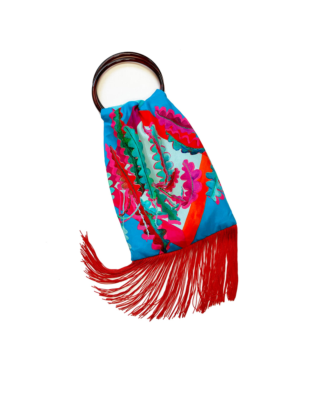 Eleni Malami Fern Cerulean and Scarlet silk luxury fringe handbag with intricate design and elegant craftsmanship.