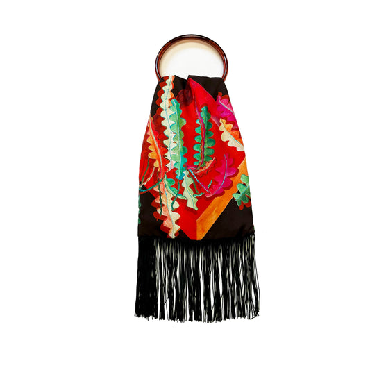 Eleni Malami Fern chocolate brown and crimson red silk luxury fringe handbag with intricate detailing and elegant design.