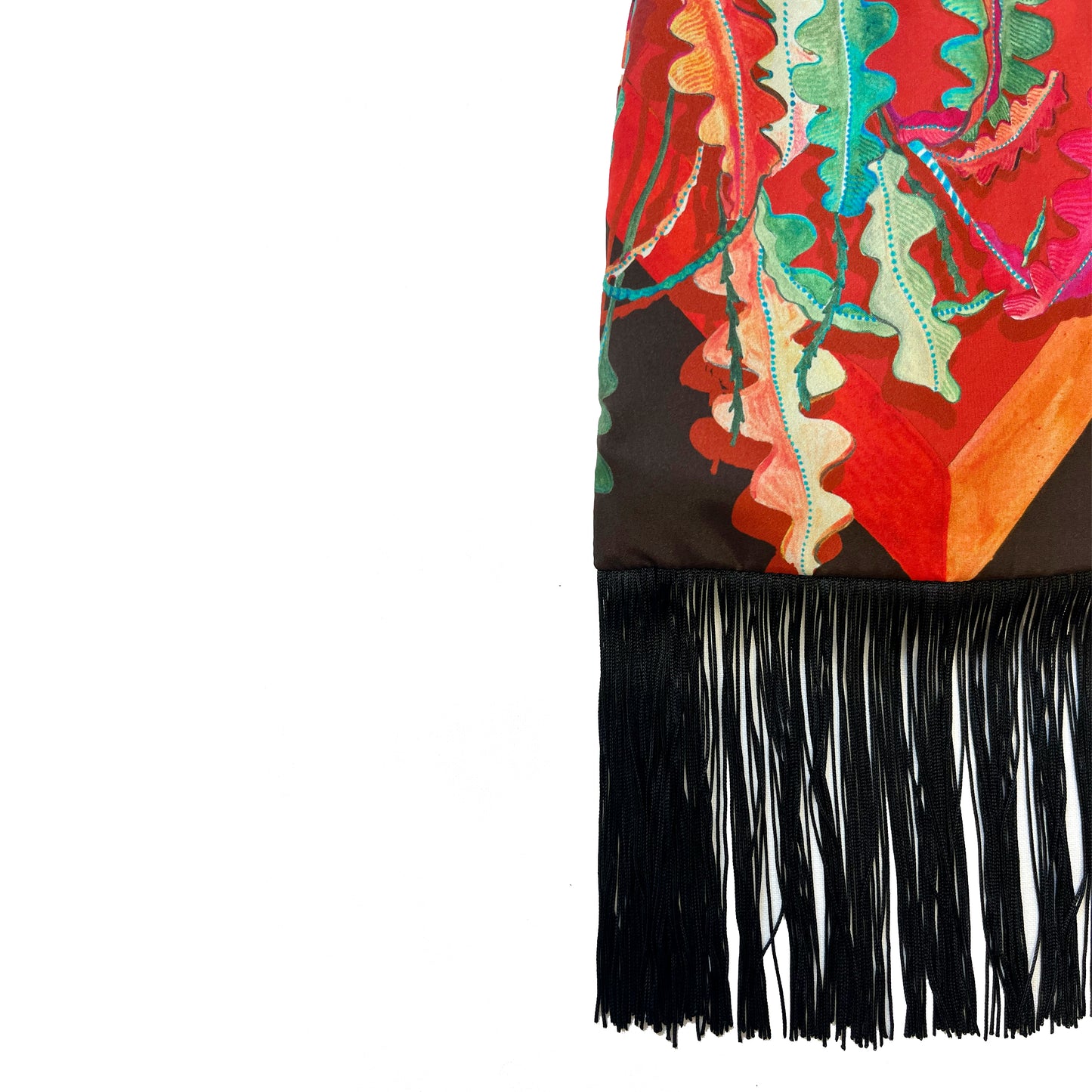 Eleni Malami Fern Chocolate Brown and Crimson Red silk luxury fringe handbag with intricate detailing and elegant design.