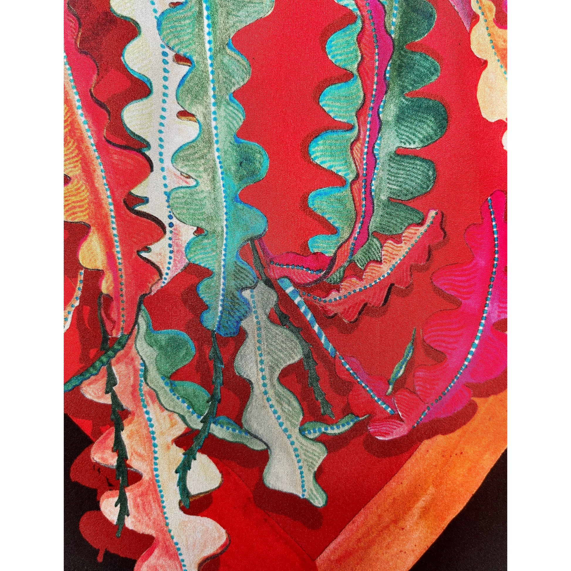 Eleni Malami Fern Chocolate Brown and Crimson Red silk luxury fringe handbag with intricate detailing and elegant design.