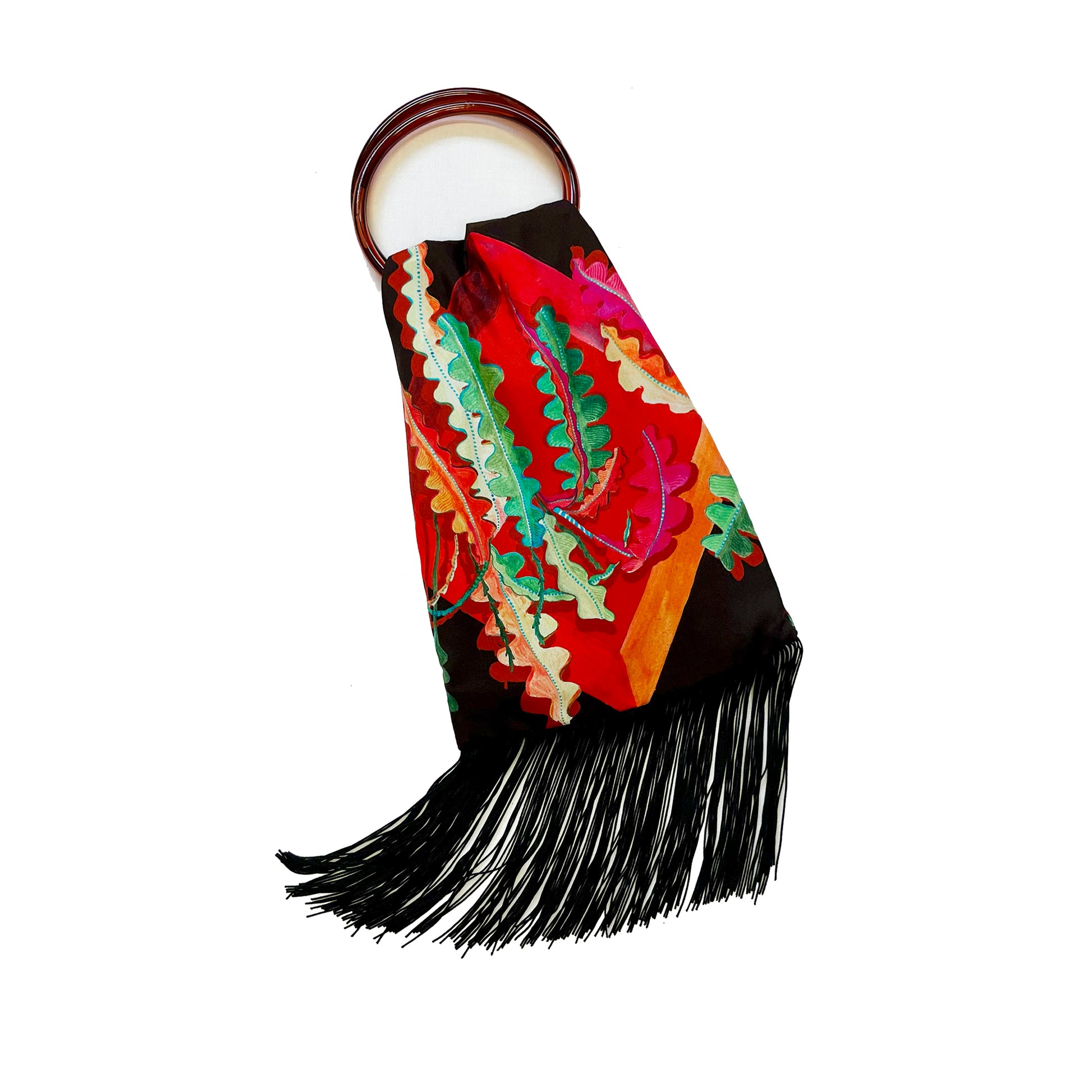 Eleni Malami Fern Chocolate Brown and Crimson Red silk luxury handbag with fringe detail, stylish and elegant for special occasions.