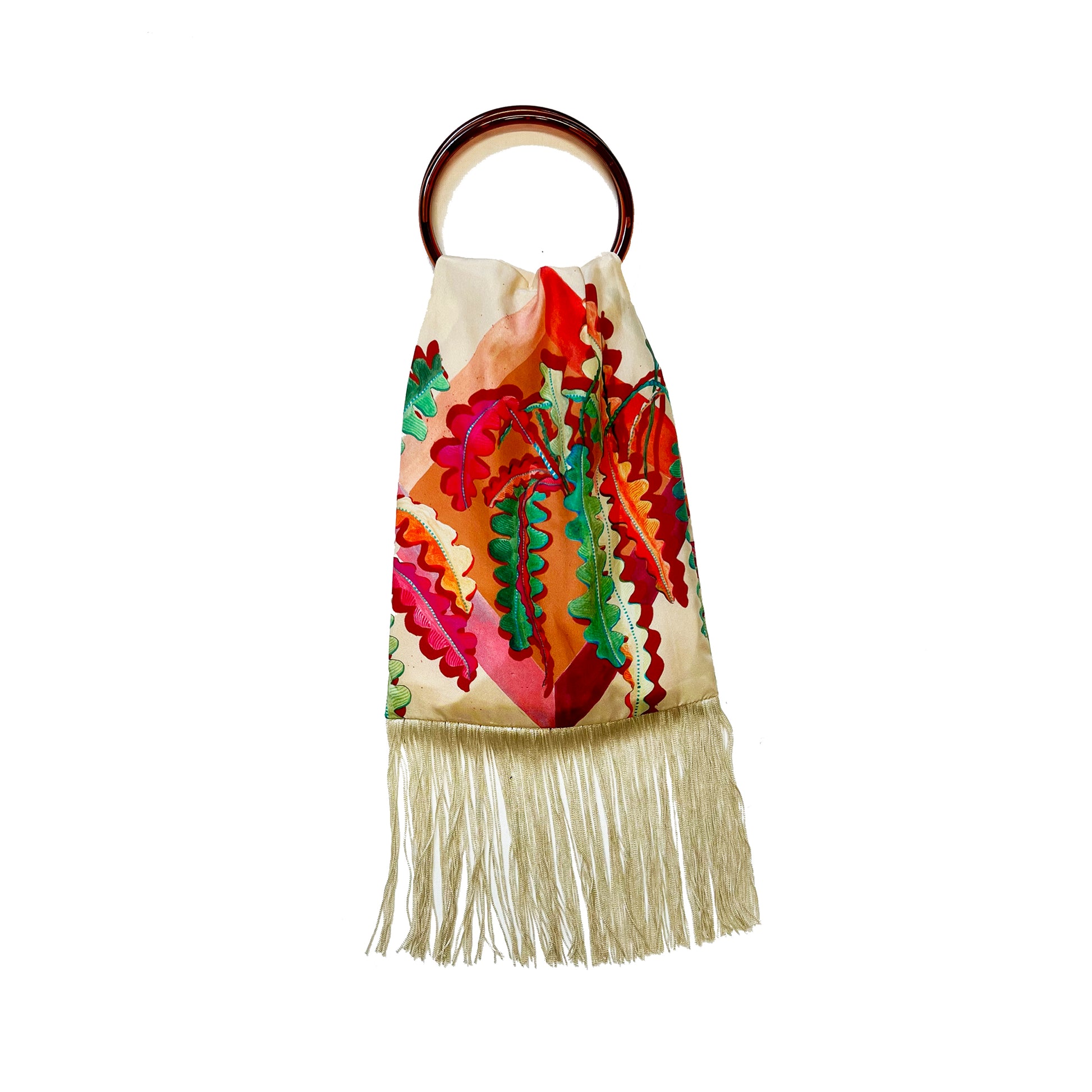 Eleni Malami Fern Cream and Champagne silk luxury fringe handbag with intricate detailing and elegant design.