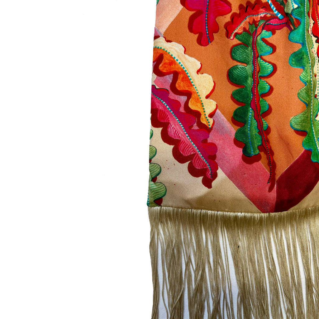 Eleni Malami Fern Cream and Champagne Silk Luxury Fringe Handbag with elegant embroidery and silky fringe detailing.