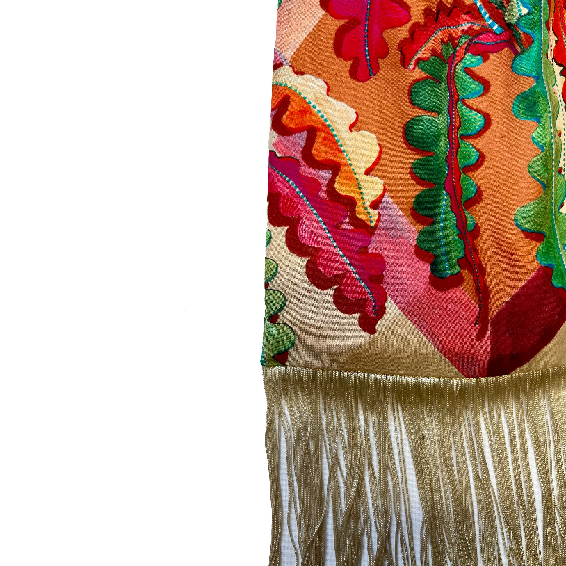 Eleni Malami Fern Cream and Champagne Silk Luxury Fringe Handbag with elegant embroidery and silky fringe detailing.