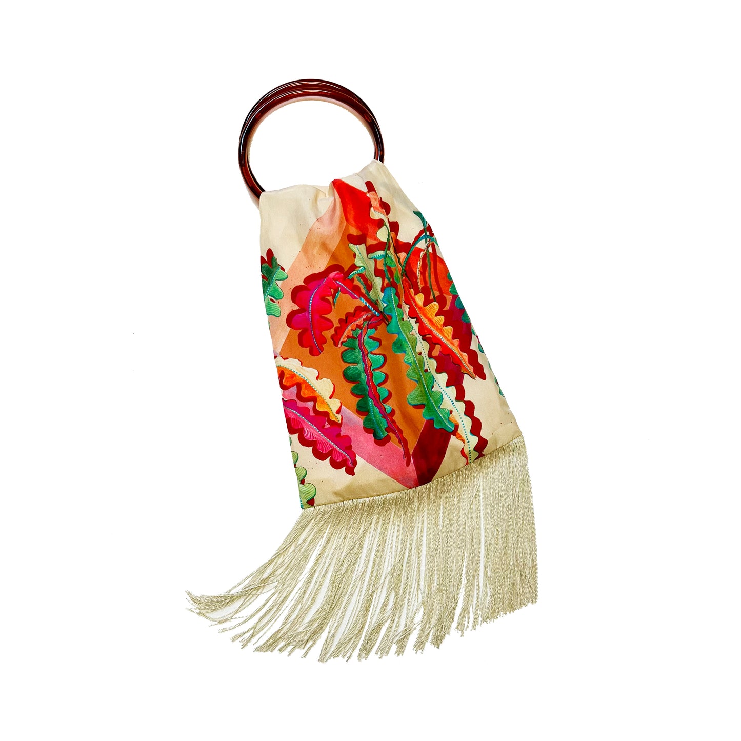 Eleni Malami Fern Cream and Champagne Silk Luxury Fringe Handbag with intricate detailing and elegant design.