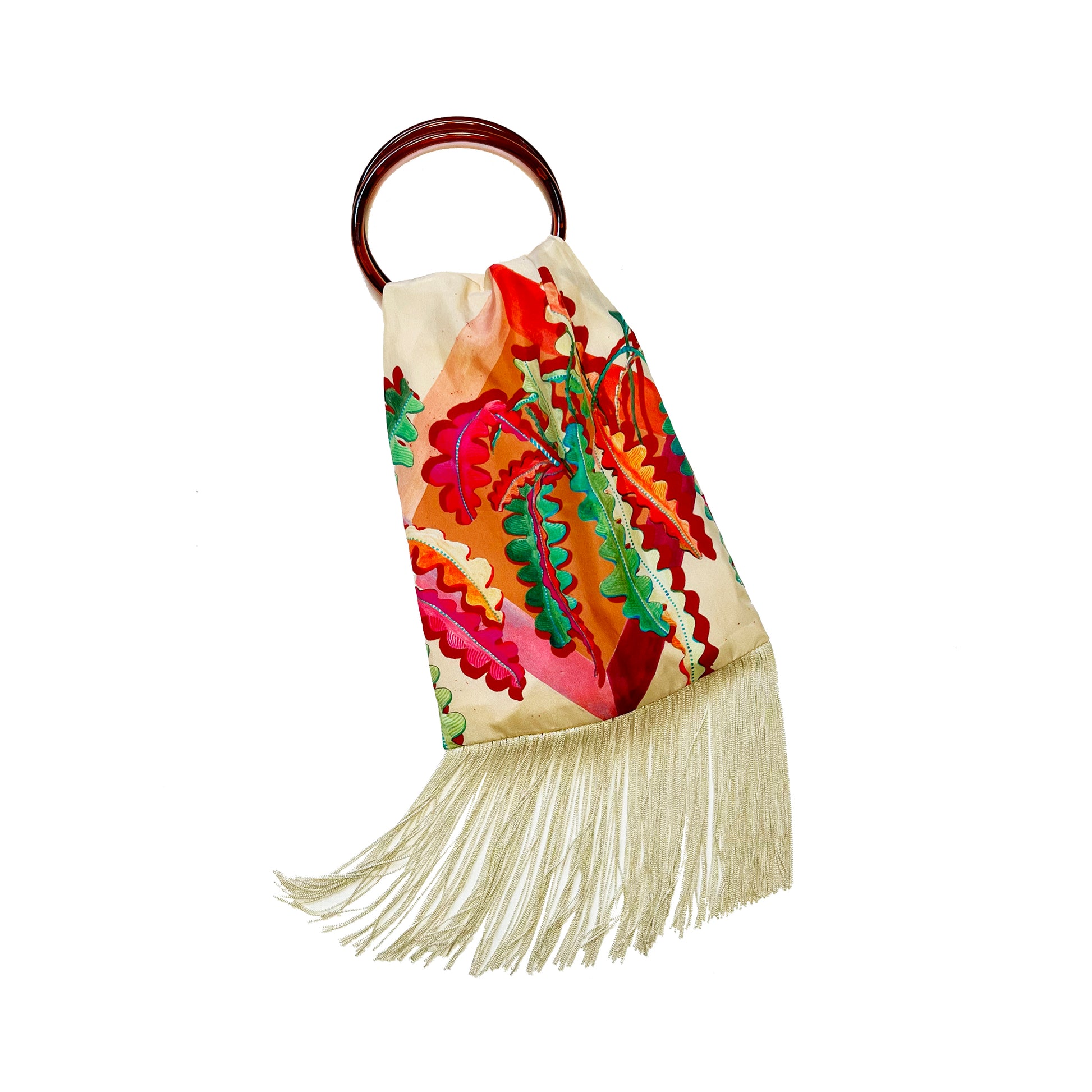 Eleni Malami Fern Cream and Champagne Silk Luxury Fringe Handbag with intricate detailing and elegant design.
