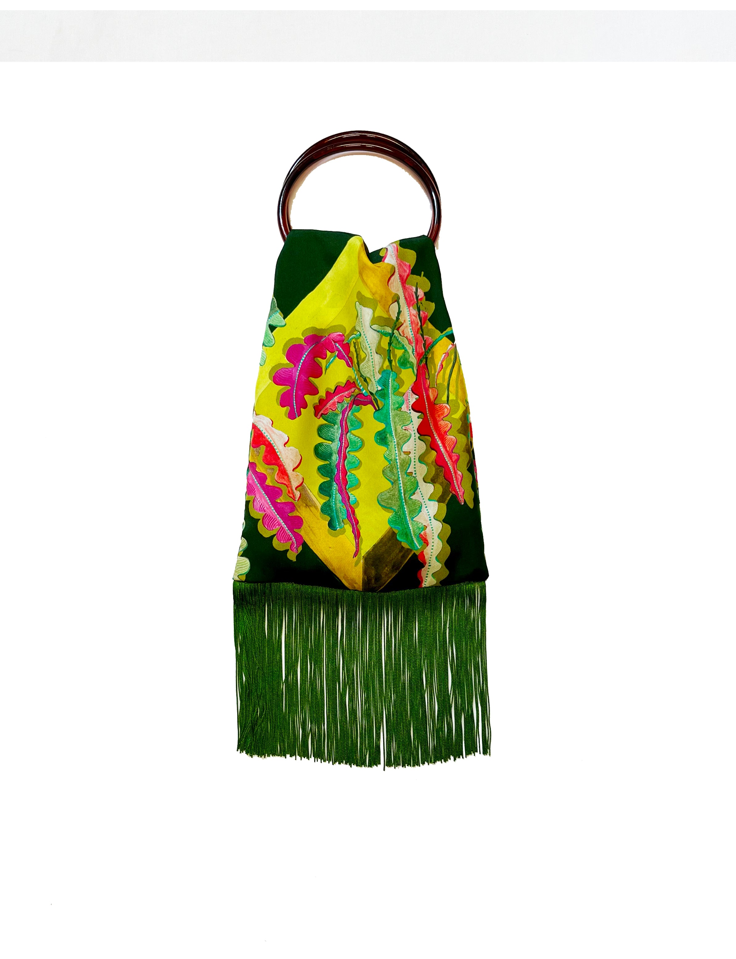Eleni Malami Fern Forest and Lime silk luxury fringe handbag with intricate design and elegant hand strap.