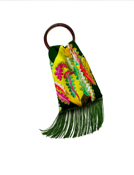 Fern Forest & Lime Silk Luxury Fringe Handbag