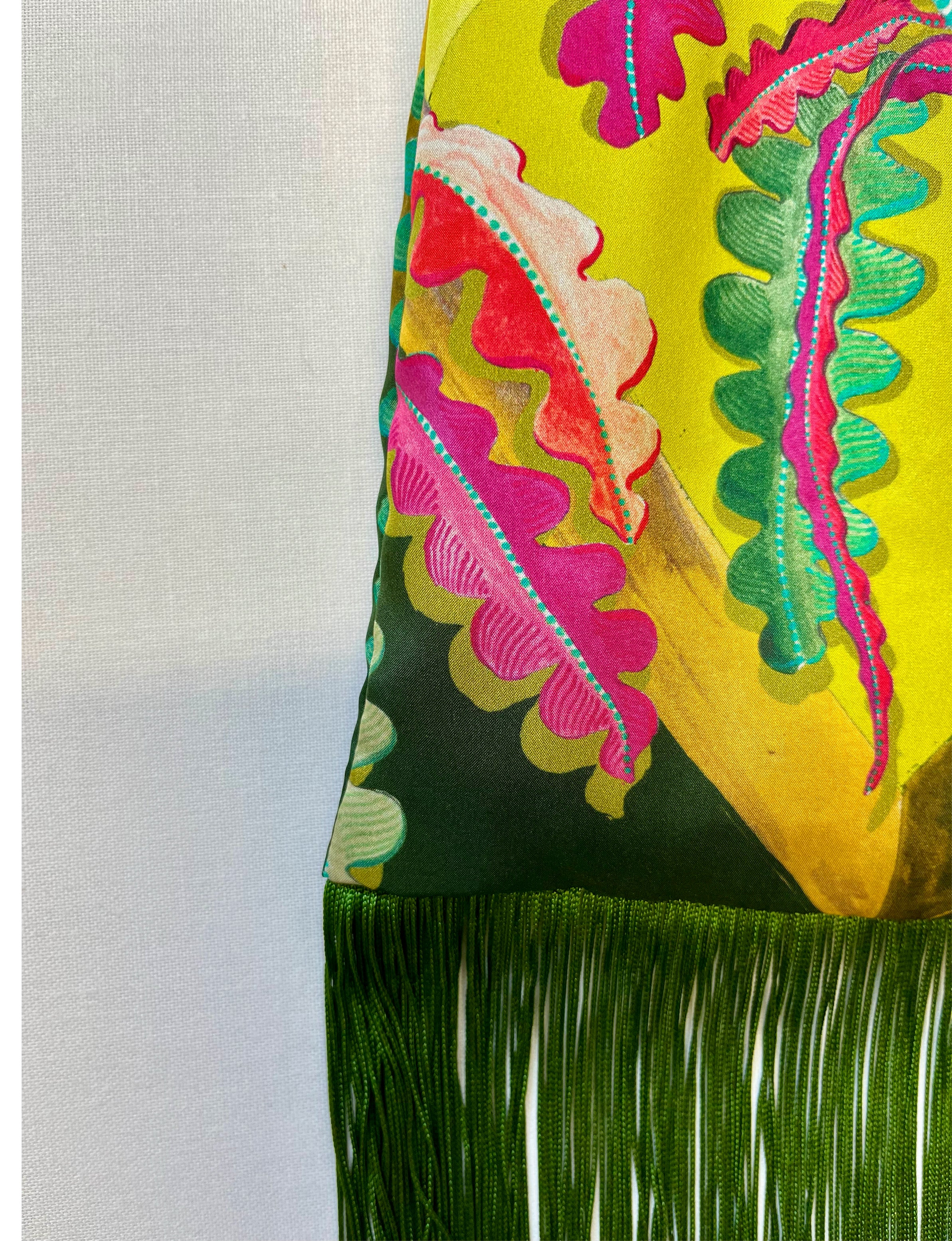 Eleni Malami Fern Forest & Lime Silk Luxury Fringe Handbag with intricate fringe details and vibrant botanical design.