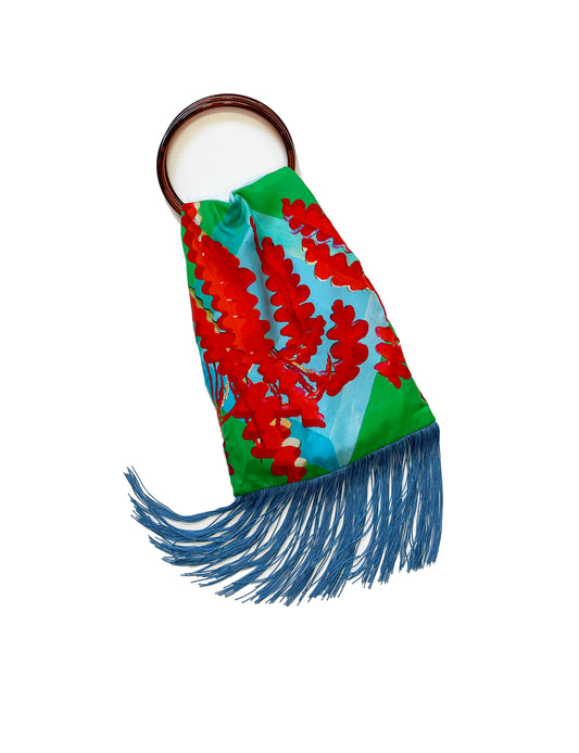 Fern Green & Scarlet Silk Luxury Fringe Handbag