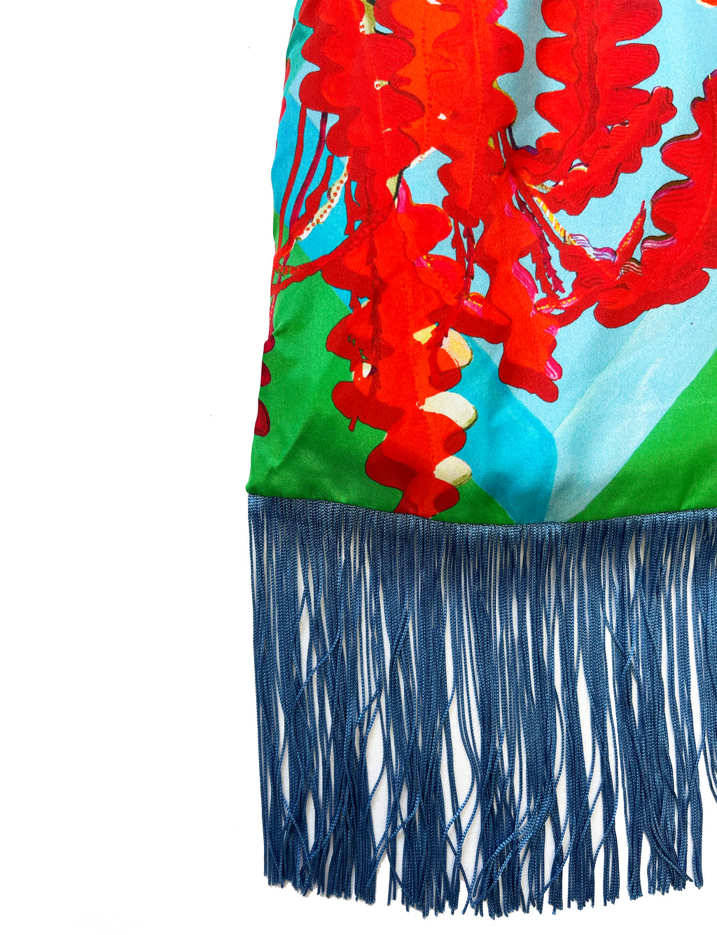 Eleni Malami fern green and scarlet silk handbag with luxury fringe detailing, stylish and elegant accessory.