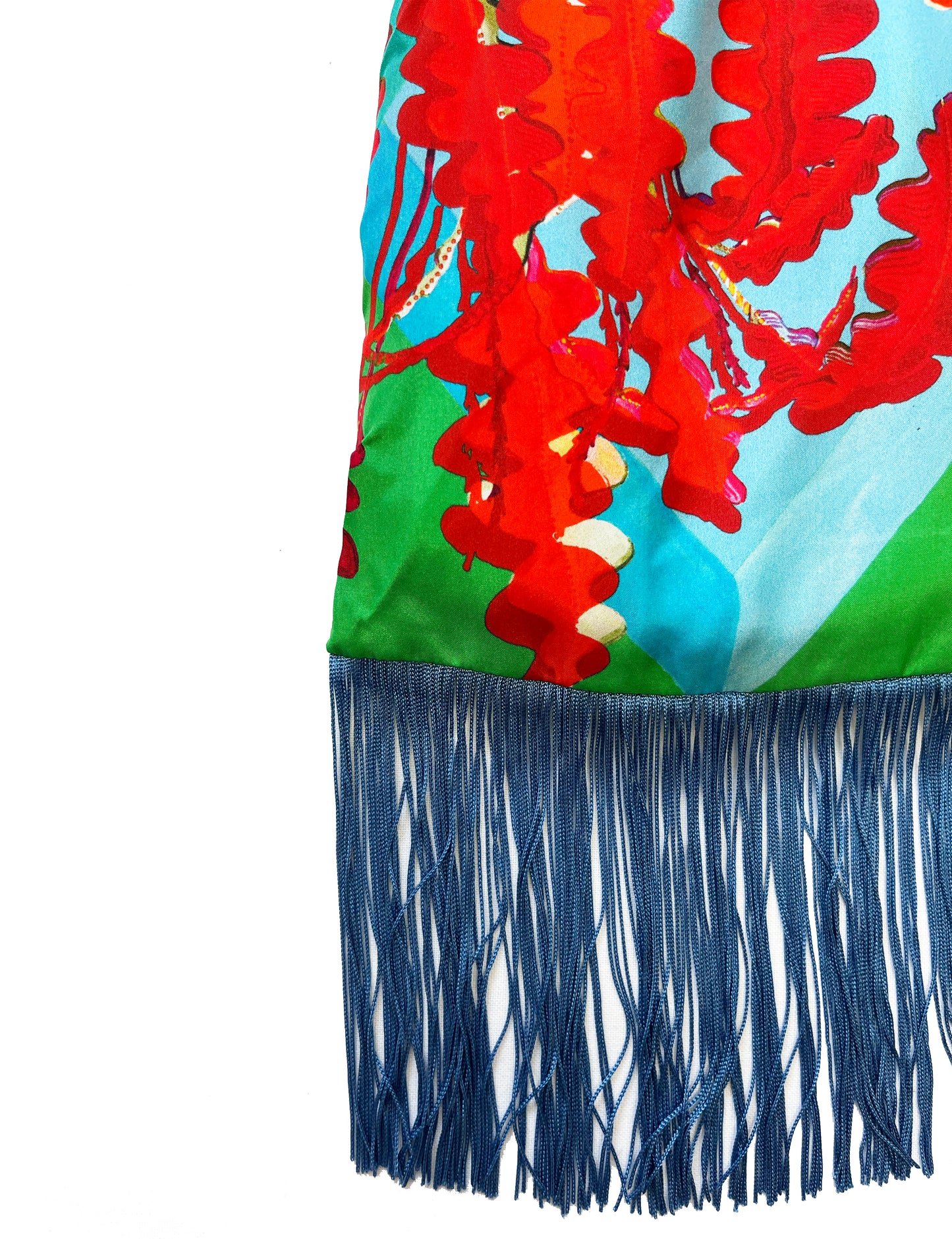 Fern Green & Scarlet Silk Luxury Fringe Handbag
