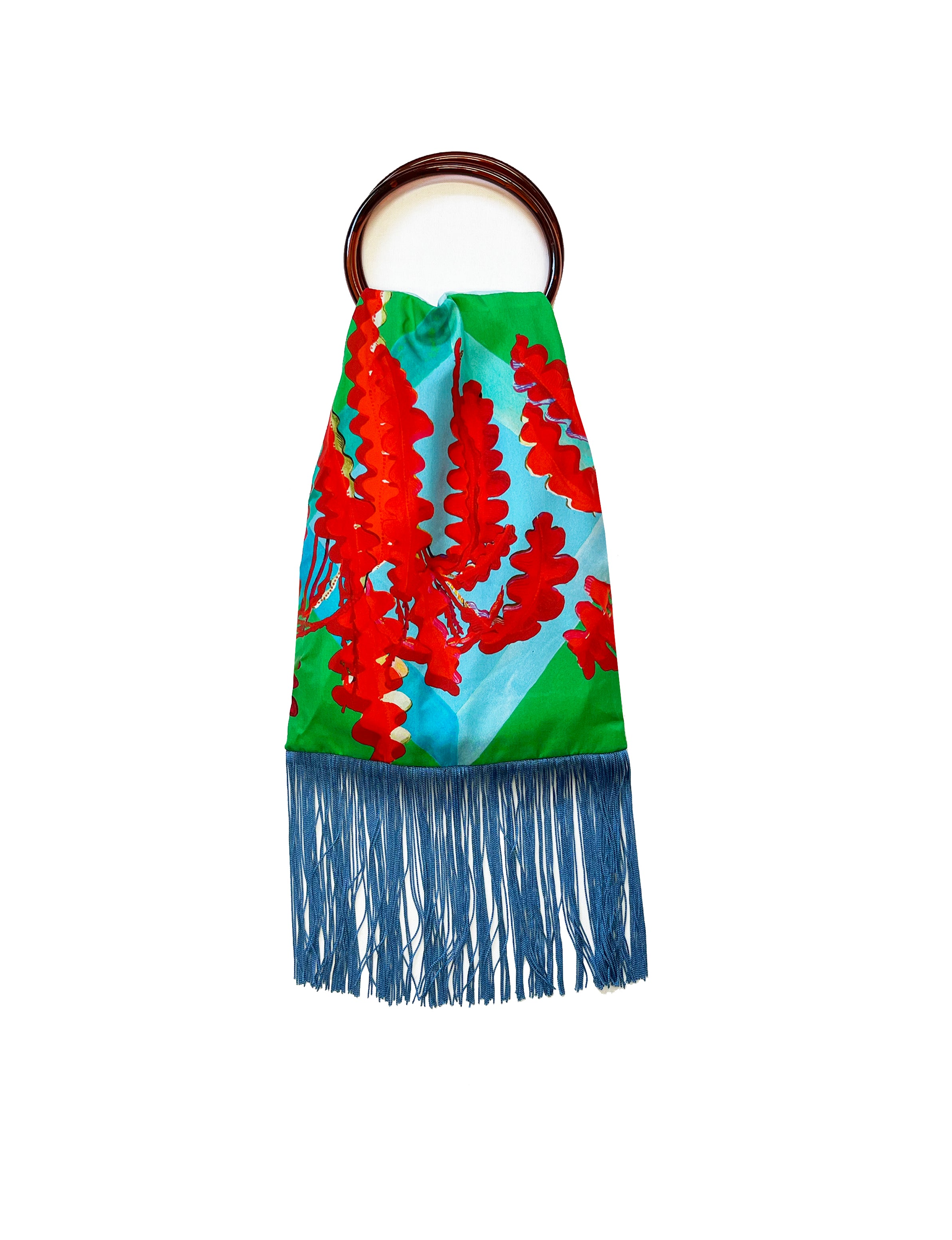 Fern green and scarlet silk luxury fringe handbag by Eleni Malami, featuring intricate fringe details and elegant design.