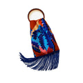 Eleni Malami fern toffee and cobalt silk luxury fringe handbag with intricate gold chain strap and decorative tassels.