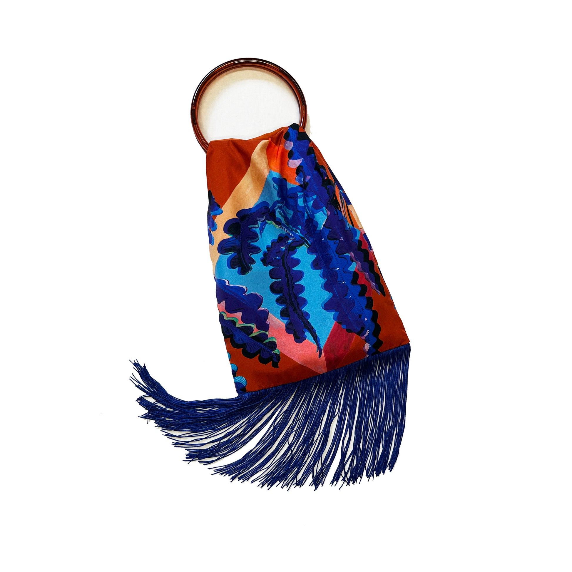 Eleni Malami fern toffee and cobalt silk luxury fringe handbag with intricate gold chain strap and decorative tassels.