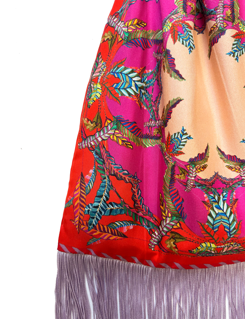 Elena Malami Sappho red and magenta large silk luxury fringe handbag with intricate detailing and elegant design.