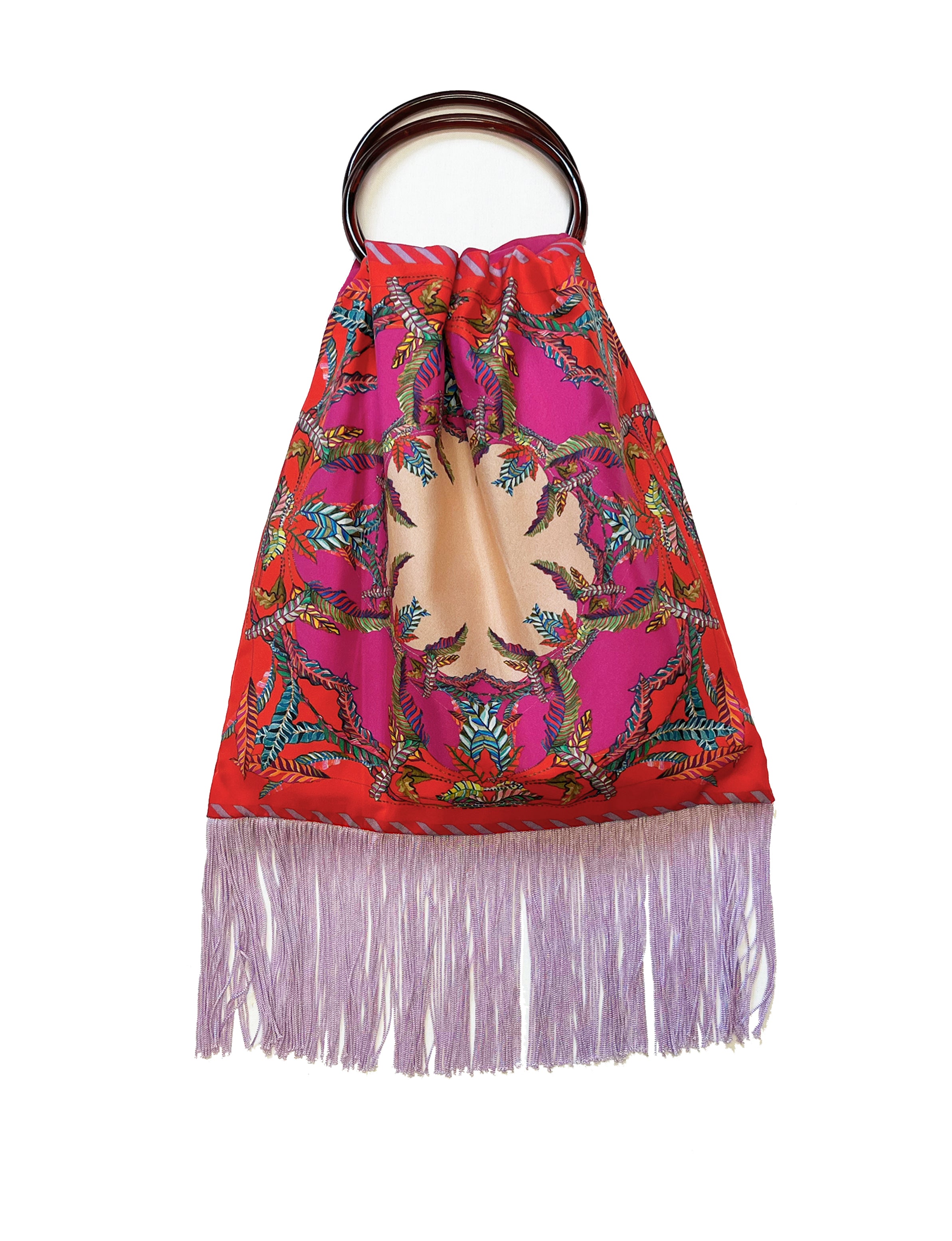 Eleni Malami Sappho red and magenta large silk luxury fringe handbag with elegant design and intricate fringe details.