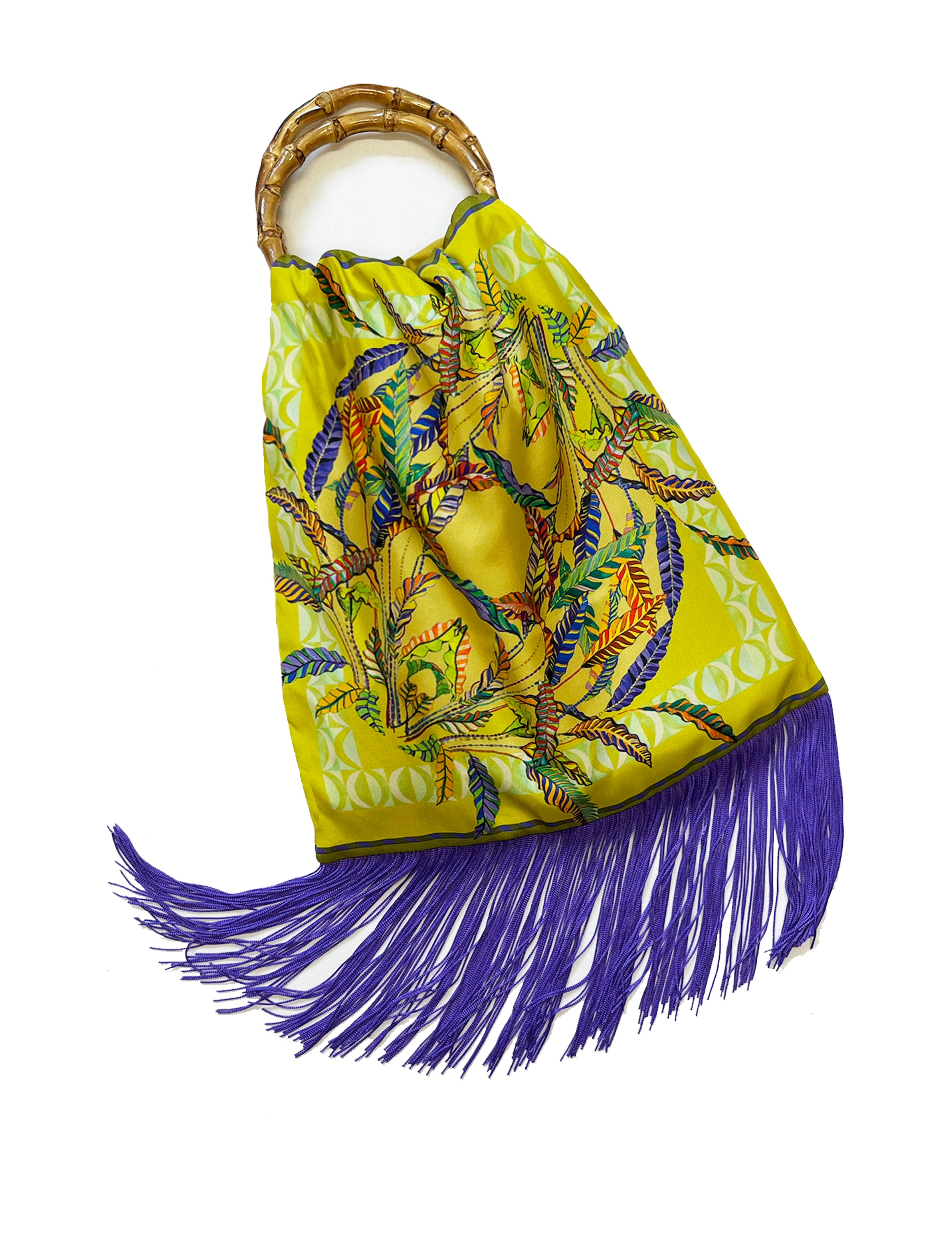 Sappho Lemon & Purple Large Silk Luxury Fringe Handbag