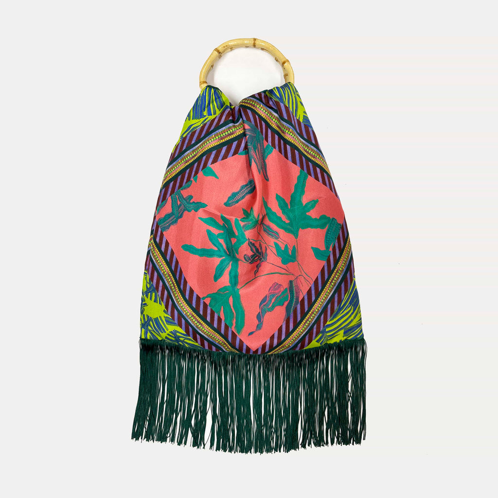 Angelina Peach Large Silk Luxury Fringe Handbag with Bamboo Handle Eleni Malami