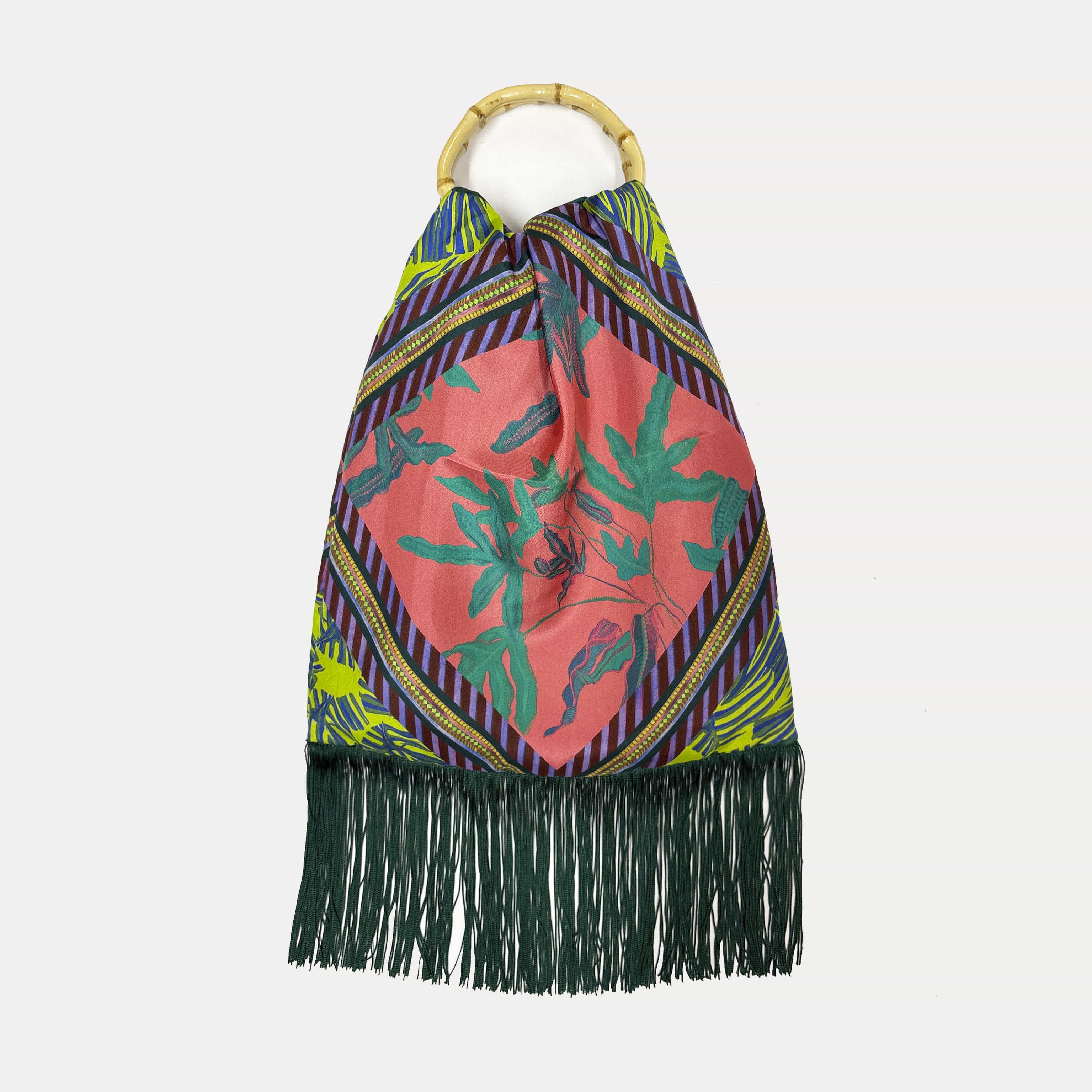 Angelina Peach Large Silk Luxury Fringe Handbag with Bamboo Handle Eleni Malami