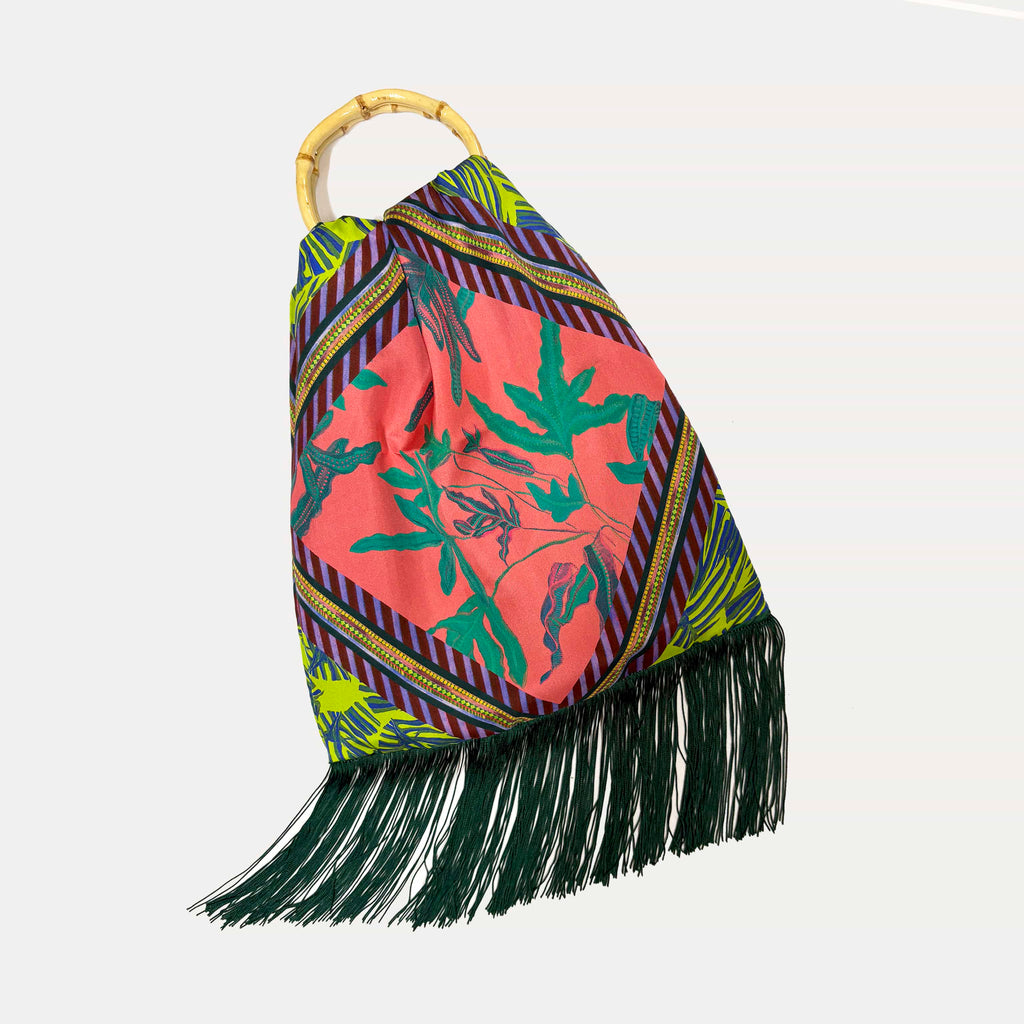 Angelina Peach Large Silk Luxury Fringe Handbag with Bamboo Handle Eleni Malami