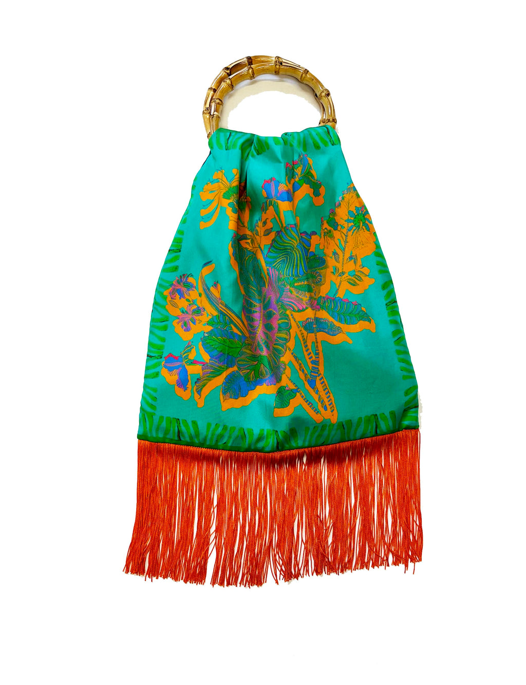 Avra Aqua & Orange Large Silk Luxury Fringe Handbag Eleni Malami