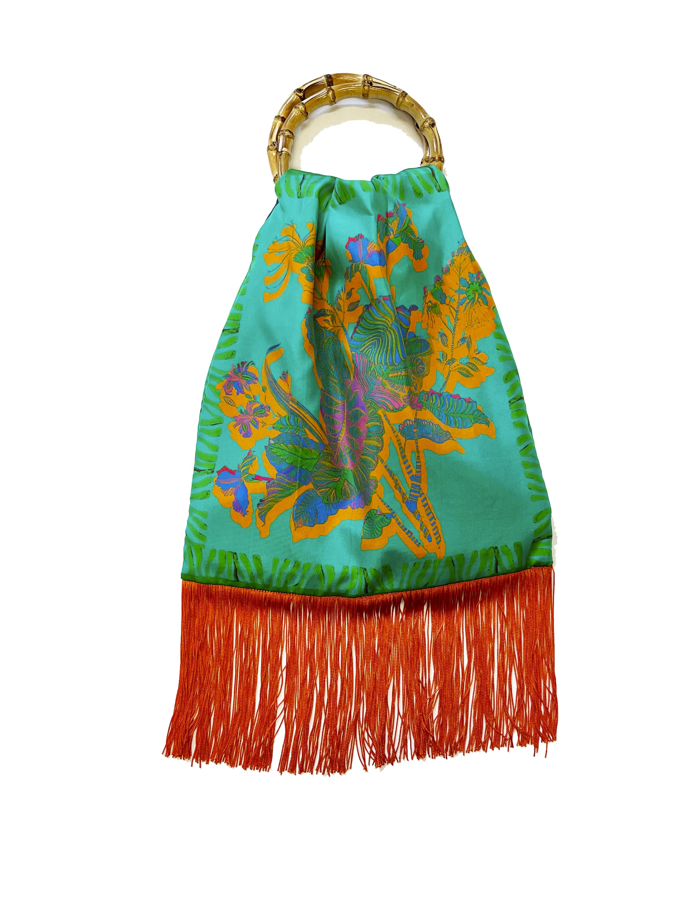 Avra Aqua & Orange Large Silk Luxury Fringe Handbag Eleni Malami