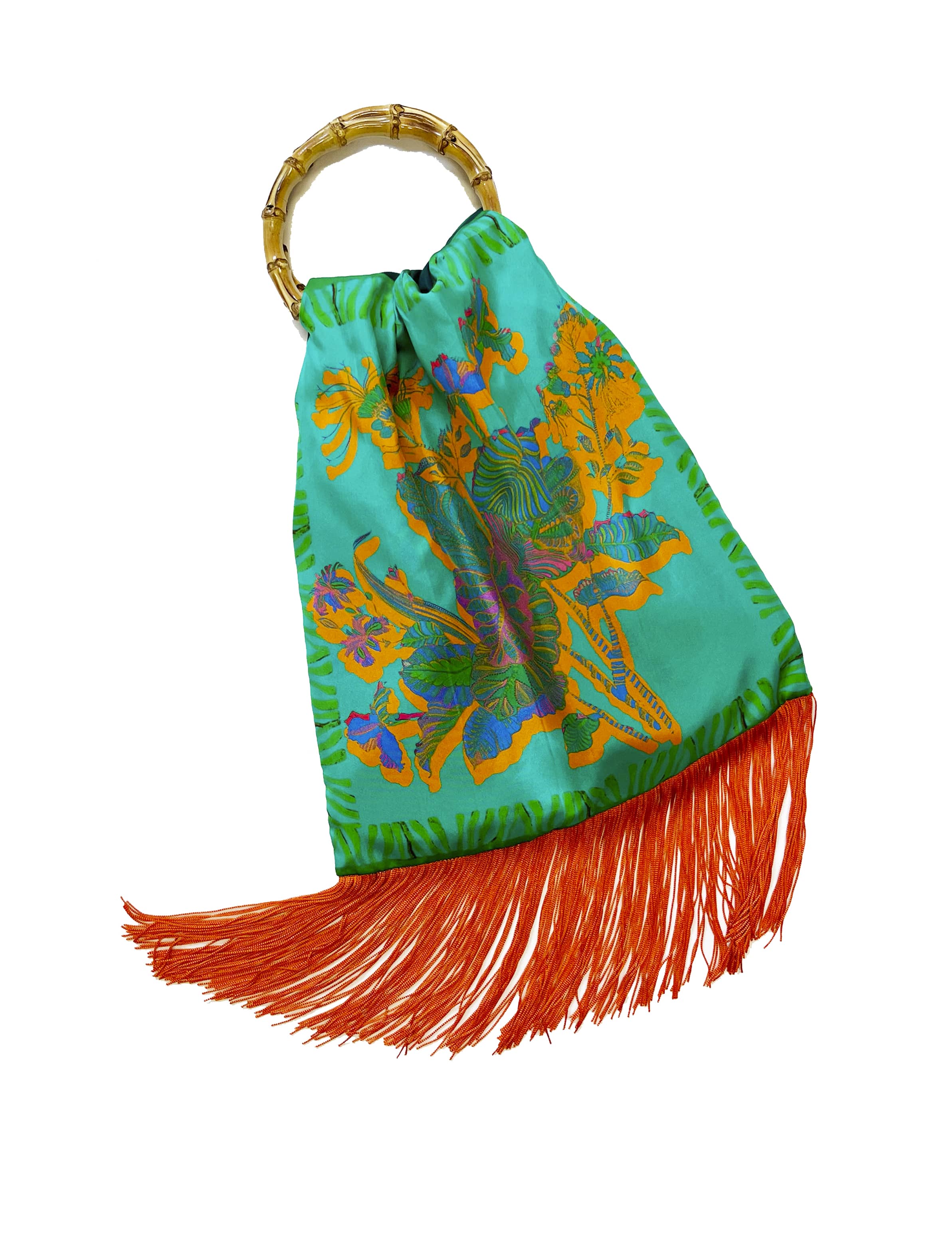 Avra Aqua & Orange Large Silk Luxury Fringe Handbag Eleni Malami