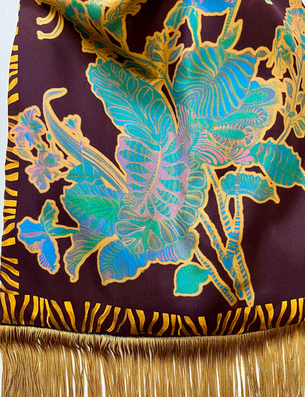 Avra Chocolate & Gold Large Silk Luxury Fringe Handbag Eleni Malami
