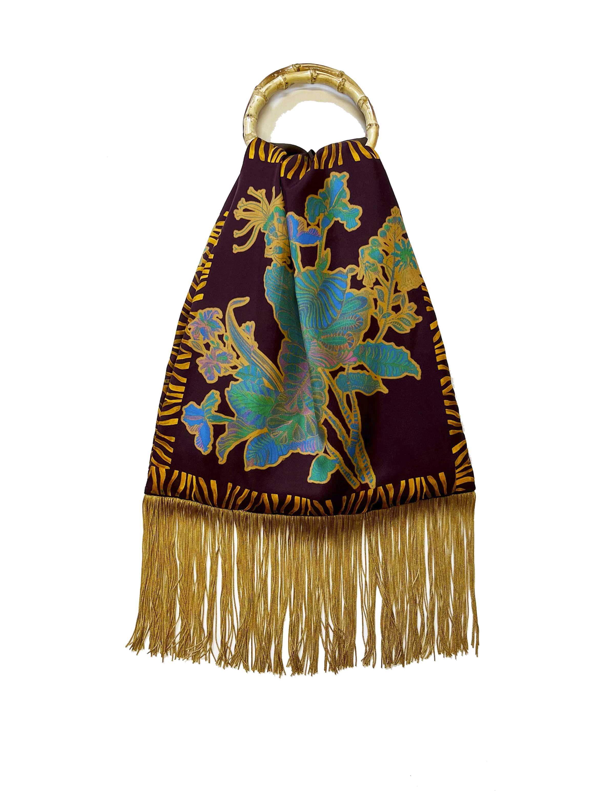 Avra Chocolate & Gold Large Silk Luxury Fringe Handbag Eleni Malami