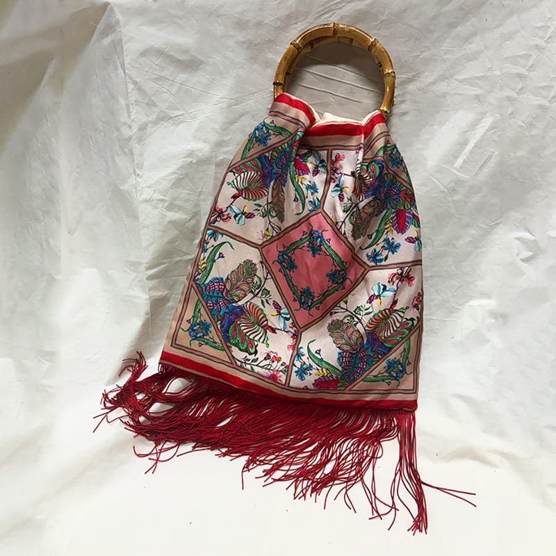 Avra Cream Large Silk Luxury Handbag with Bamboo Handle Eleni Malami