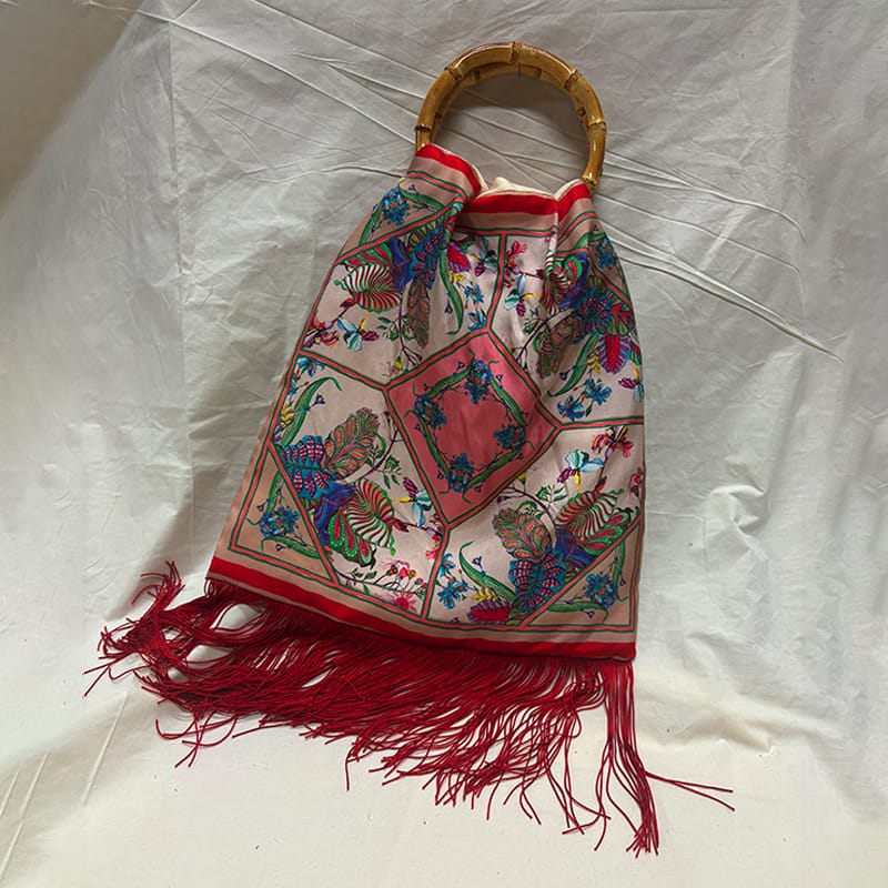 Avra Cream Large Silk Luxury Handbag with Bamboo Handle Eleni Malami