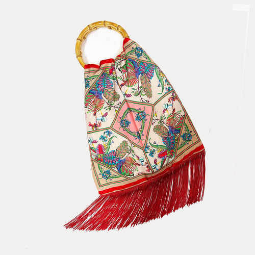 Avra Cream Large Silk Luxury Handbag with Bamboo Handle Eleni Malami