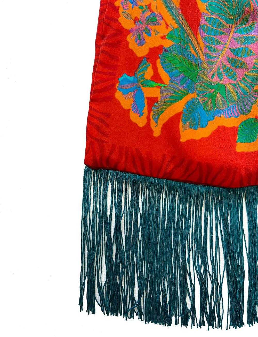 Avra Red & Teal Large Silk Luxury Fringe Handbag Eleni Malami