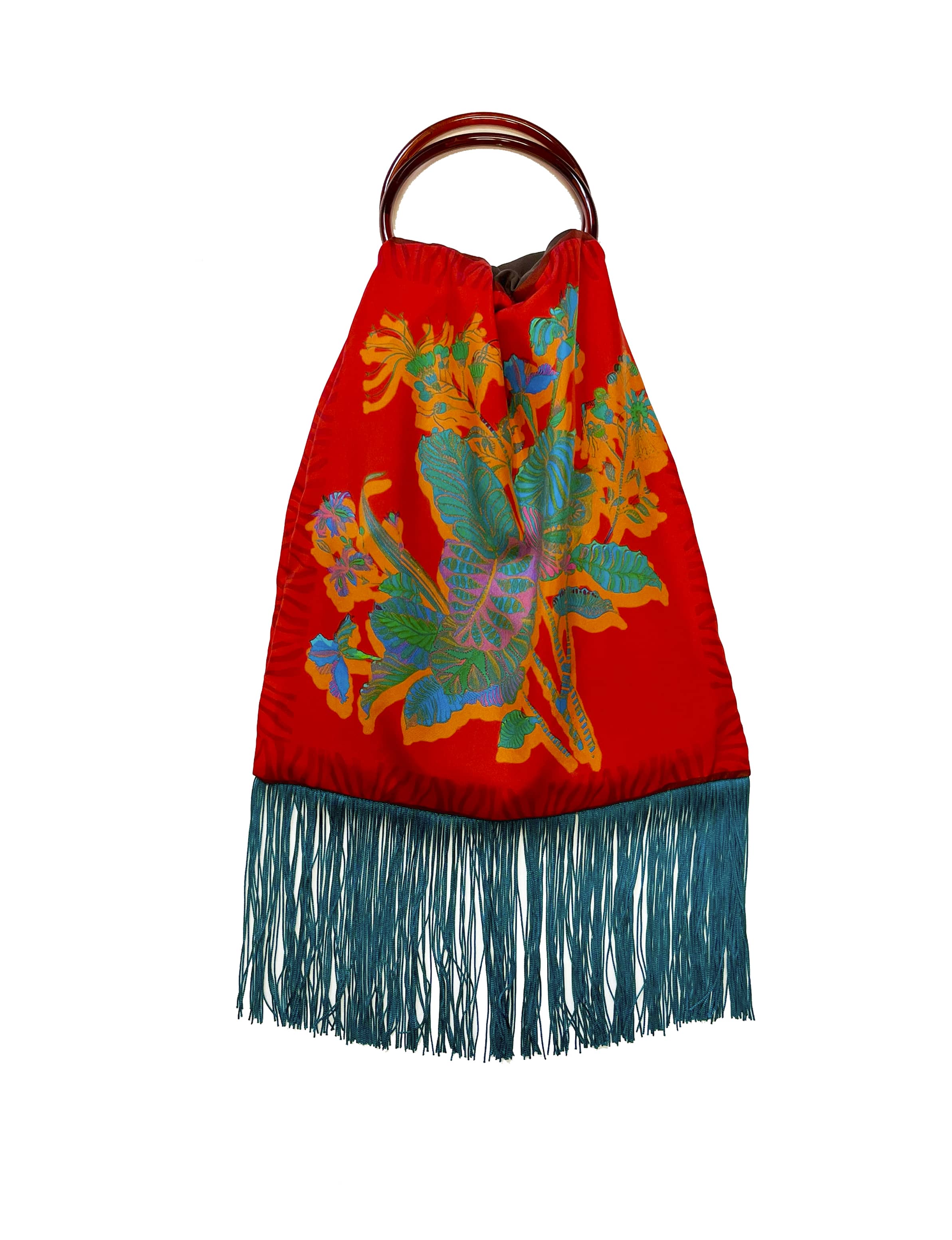 Avra Red & Teal Large Silk Luxury Fringe Handbag Eleni Malami