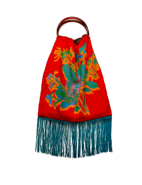 Avra Red & Teal Large Silk Luxury Fringe Handbag Eleni Malami