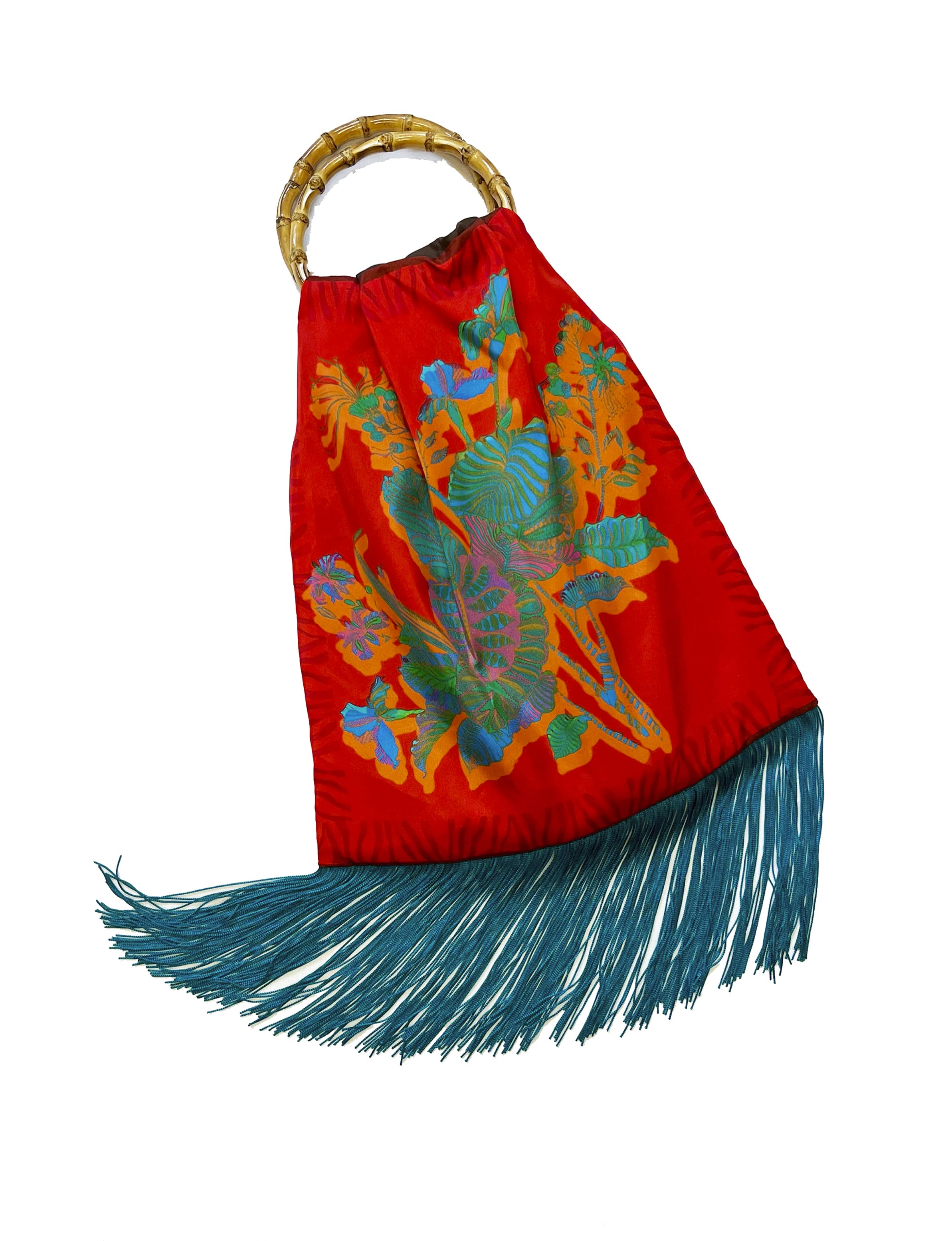 Avra Red & Teal Large Silk Luxury Fringe Handbag Eleni Malami