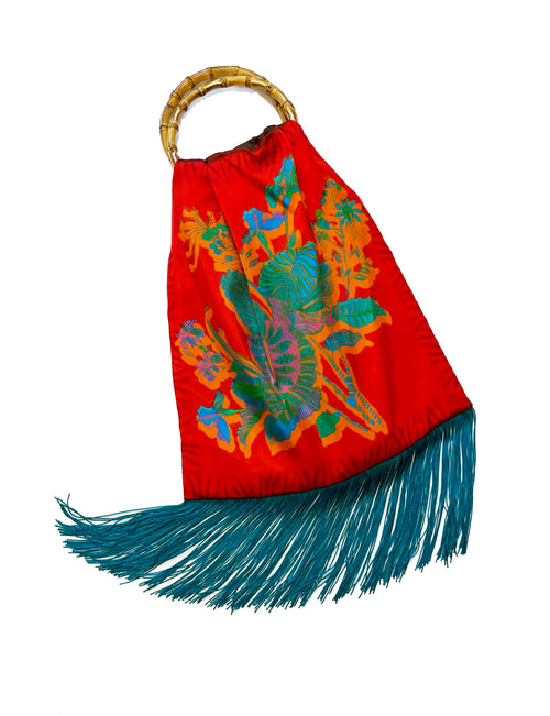 Avra Red & Teal Large Silk Luxury Fringe Handbag Eleni Malami